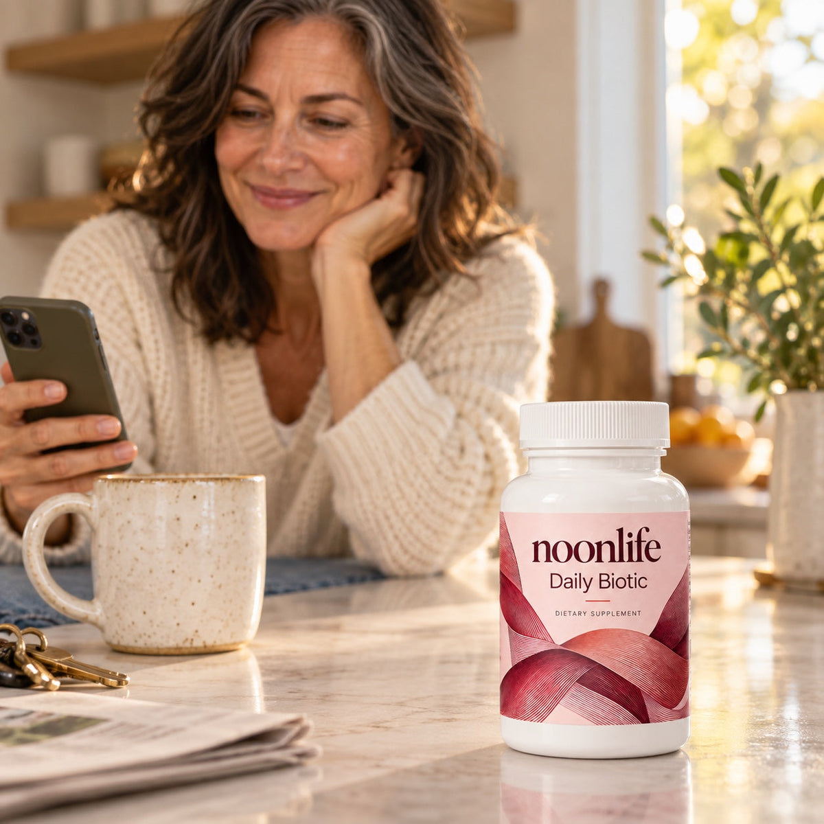 Woman in her kitchen with a bottle of noonlife Daily Biotic